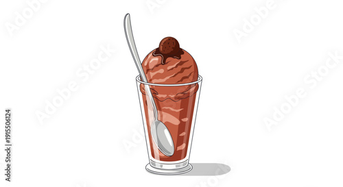 Delicious Chocolate Ice Cream Sundae in a Tall Glass with Spoon.