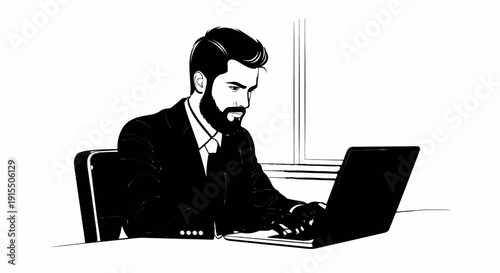Bearded man in suit working diligently on laptop at desk