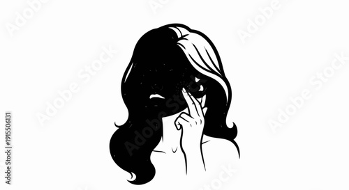 Black and white illustration of a woman examining her face with her finger