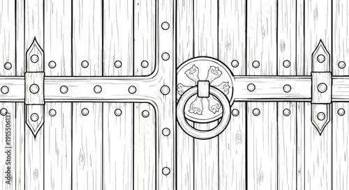 An ornate, heavy wooden door with metal bands and a circular knocker