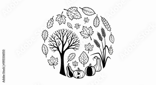 Autumn harvest scene with tree, pumpkins, leaves, and wheat stalks