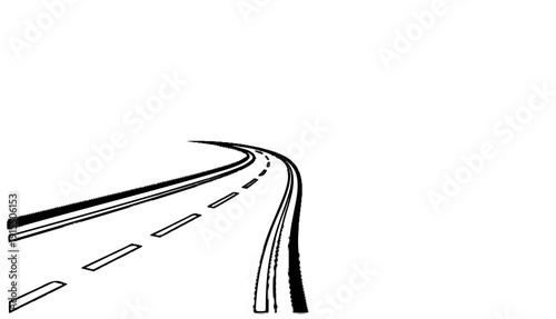 Black and white illustration of a winding road with dashed lines