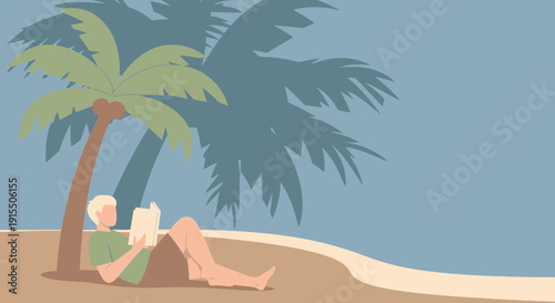Tranquil Solitude Person Reading Under Palm Tree on a Serene Beach Escapism