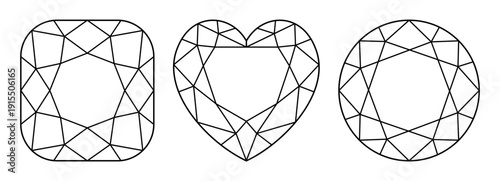 Heart, Circle, Cushion angular diamond cut shape icons set. Design diagram. Brilliant Heart, Circle, Cushion modified cut. Precious gemstone outline patterns for jewellery, branding, packaging, logo.