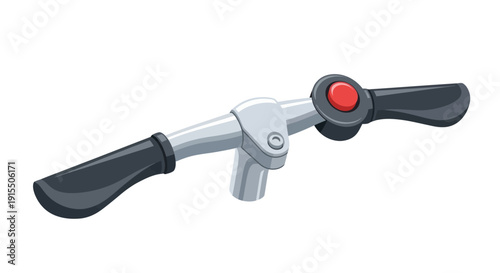 Silver bicycle handlebar with black grips and a red button detail.