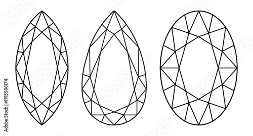 Marquise, Pear, Oval diamond cut shape. Gemstone outline pattern for jewellery design, branding, packaging, logotype. Set of Marquise, Pear, Oval brilliant cut icons. Diamond top view. Design diagram.