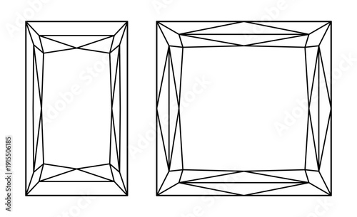 Princess diamond square, rectangle cut shape icons set. Brilliant Princess cut. Square, Rectangular diamond top view. Design diagram. Precious gemstone for jewellery design, branding, packaging, logo.