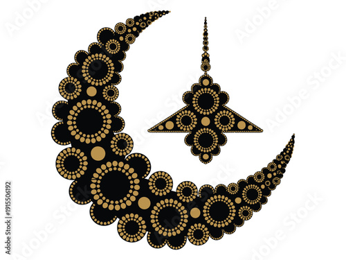 Decorative crescent moon made of black and gold circular shapes beside hanging ornate islamic lamp for festive occasion