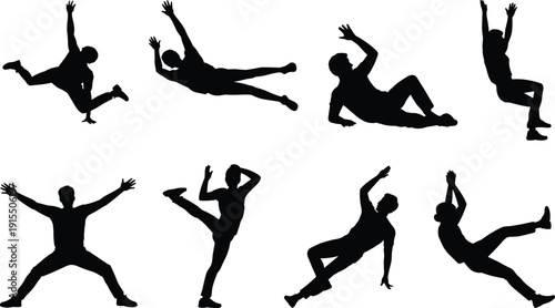 Silhouette set of falling people in different poses showing accident, slip and injury concept. Black human figures isolated on white background for safety design.