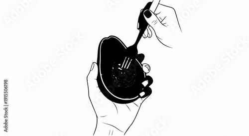 Black and white line art of hands preparing an avocado with a fork