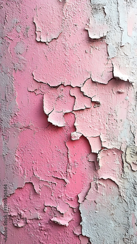 Obraz premium Old pink paint flakes from a weathered vertical surface revealing gray and white layers beneath