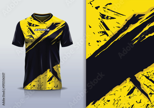 T-shirt mockup abstract texture grunge sport jersey design for football, soccer, racing, esports, running, yellow black color