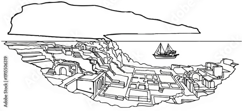 Ancient coastal ruins with terraces, buildings, and a sailboat