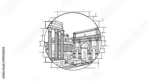 Ancient architectural ruins with columns and arches, rendered as a sketch