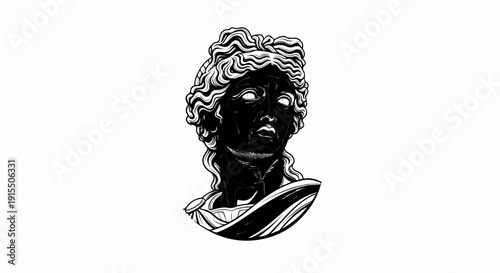 Ancient black bust with sculpted hair and draped fabric