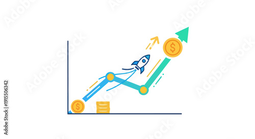 Upward financial growth chart with a launching rocket and gold dollar coins representing success.
