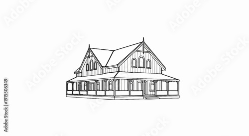 Black and white line drawing of a historic home with a wide porch