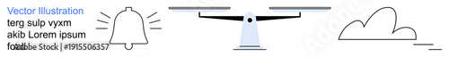 Communication, balance, digital alerts, judgment, simplicity, mindfulness. A bell, balance scale and cloud are in minimalist line art. Communication and balance concept