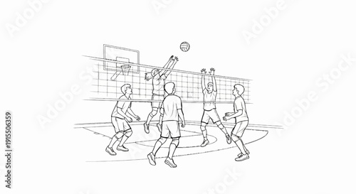 Athletes playing volleyball over a net, leaping and spiking