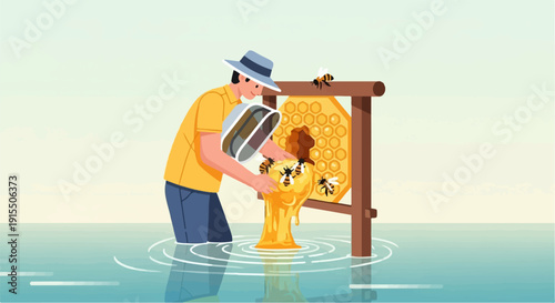 Beekeeper harvests honey from a hive, surrounded by bees, in calm water