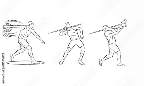 Athletes performing discus, javelin, and hammer throws with dynamic sketches