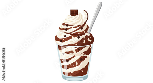 Delicious Chocolate and Vanilla Swirl Sundae with Spoon.