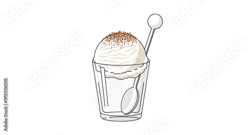 Delicious vanilla ice cream scoop in a clear glass cup with sprinkles and spoon.