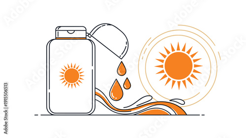 Graphic illustration of a sunscreen bottle with sun protection symbols and liquid drops representing skin care and sun safety.