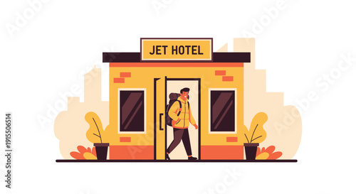 Traveler Arriving At A Modern Boutique Hotel Welcoming Guest Into Building With Backpack