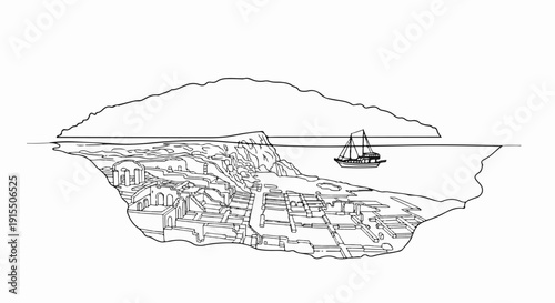 Ancient ruins on a rocky coast with a sailboat offshore