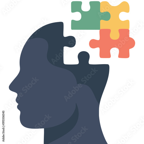 Autism Awareness Illustration with Child Silhouette and Floating Puzzle Pieces Isolated Vector Illustration on White Background
