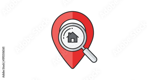 Red Location Pin with Magnifying Glass Over House Icon.