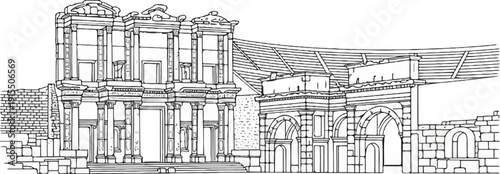 Ancient stone building with pillars, arches, and a ruined section