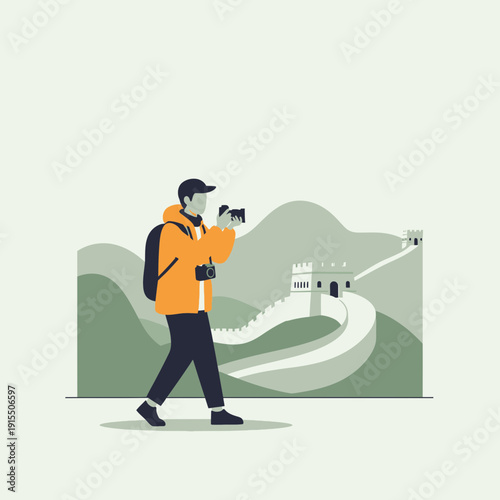 Traveler Capturing Iconic Great Wall Landscape Scenes With Camera Adventure Photography