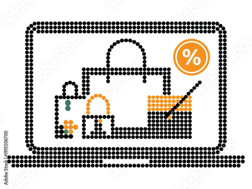 Dot art illustration of laptop screen showing online shopping bags and percentage sale discount icon on transparent background