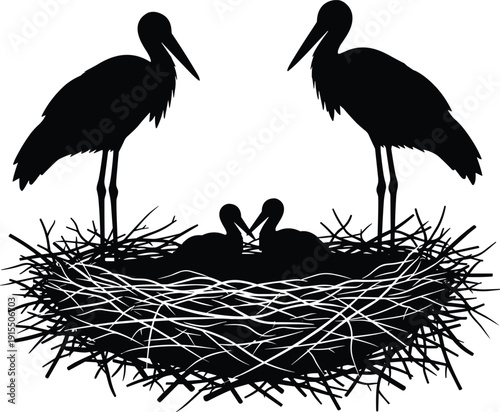 Stork Family in Nest Silhouette Vector Illustration, Parent Birds with Chicks, Springtime Wildlife Nature Graphic, Avian Maternity and Parental Care Design Concept Template