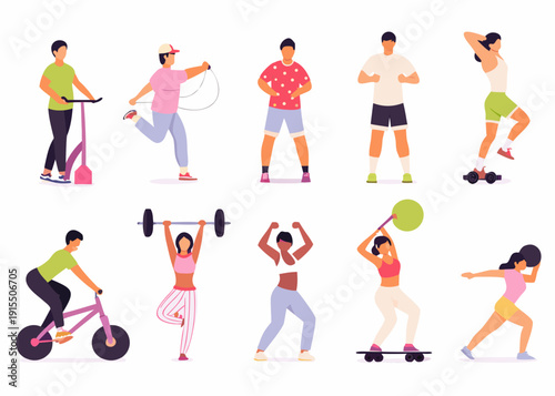 Diverse group of people engaging in various outdoor fitness activities