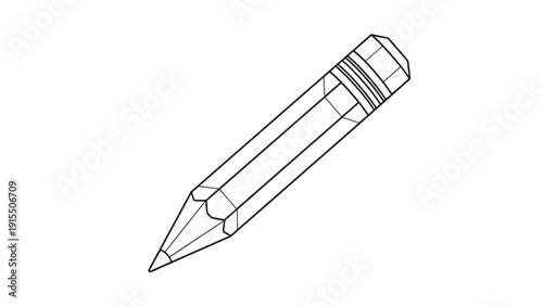 Detailed black and white line drawing of a sharp wooden pencil with an eraser for art, education, and writing concepts.
