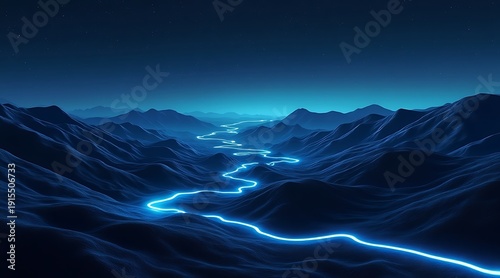 Luminous river carving through a serene mountain night landscape with starry skies