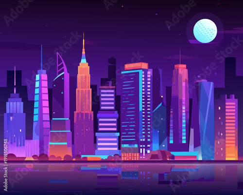 A vibrant stylized cityscape glows under a luminous moonlit night sky