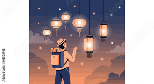 Traveler Gazing At Illuminated Lanterns In A Dreamy Evening Sky