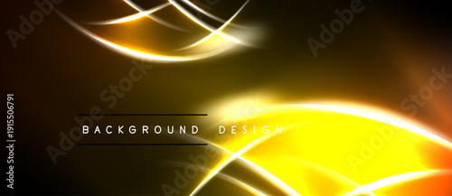Abstract golden lines create dynamic background. Bright curves suggest energy, motion, modern design elements. Dark space emphasizes luminosity.