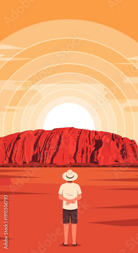 Traveler Gazing At Majestic Uluru At Sunrise Vibrant Desert Landscape
