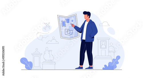 Traveler Planning Journey With Map And Landmark Icons Concept
