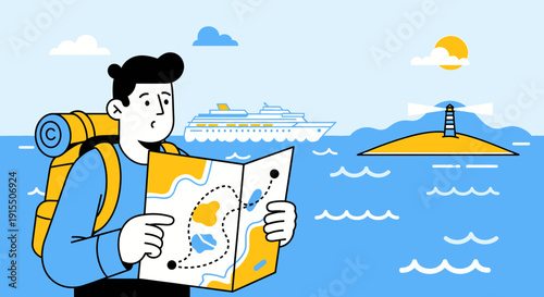 Traveler Planning Voyage With Map Next To Cruise Ship And Island Lighthouse