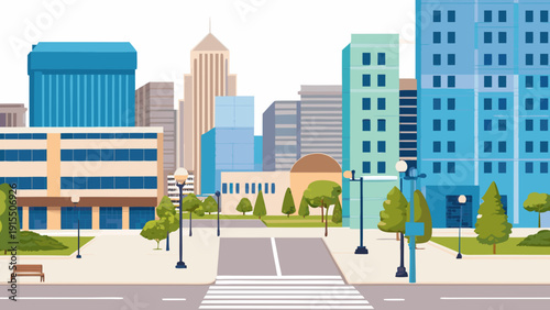 A colorful illustration depicting a modern city skyline with a park