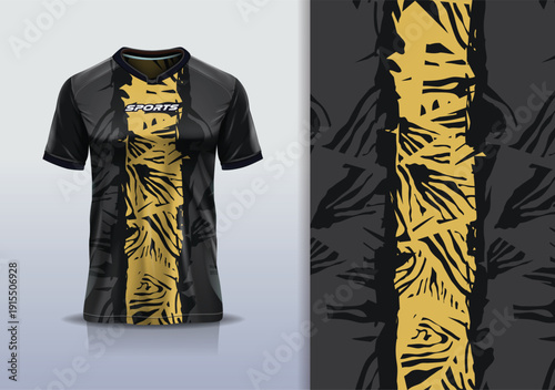 T-shirt mockup abstract texture grunge sport jersey design for football, soccer, racing, esports, running, gold black gray color