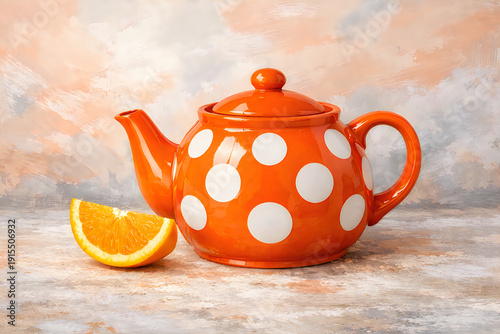 Orange teapot with white polka dots next to orange slice on textured background