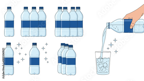 Set of water bottle illustrations showing individual bottles, multi-packs, and a hand pouring fresh water into a glass with ice cubes.