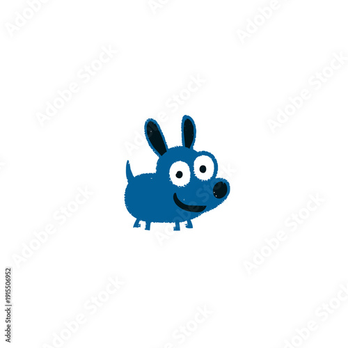 Happy blue cartoon puppy illustration with big eyes, friendly smile, and pointy ears on a plain white background, playful animal graphic.